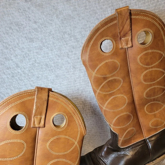 Vintage Acme Cognac Deep Brown‎ Two Toned Cowboy Western Boots Pull On Retro - Picture 4 of 11